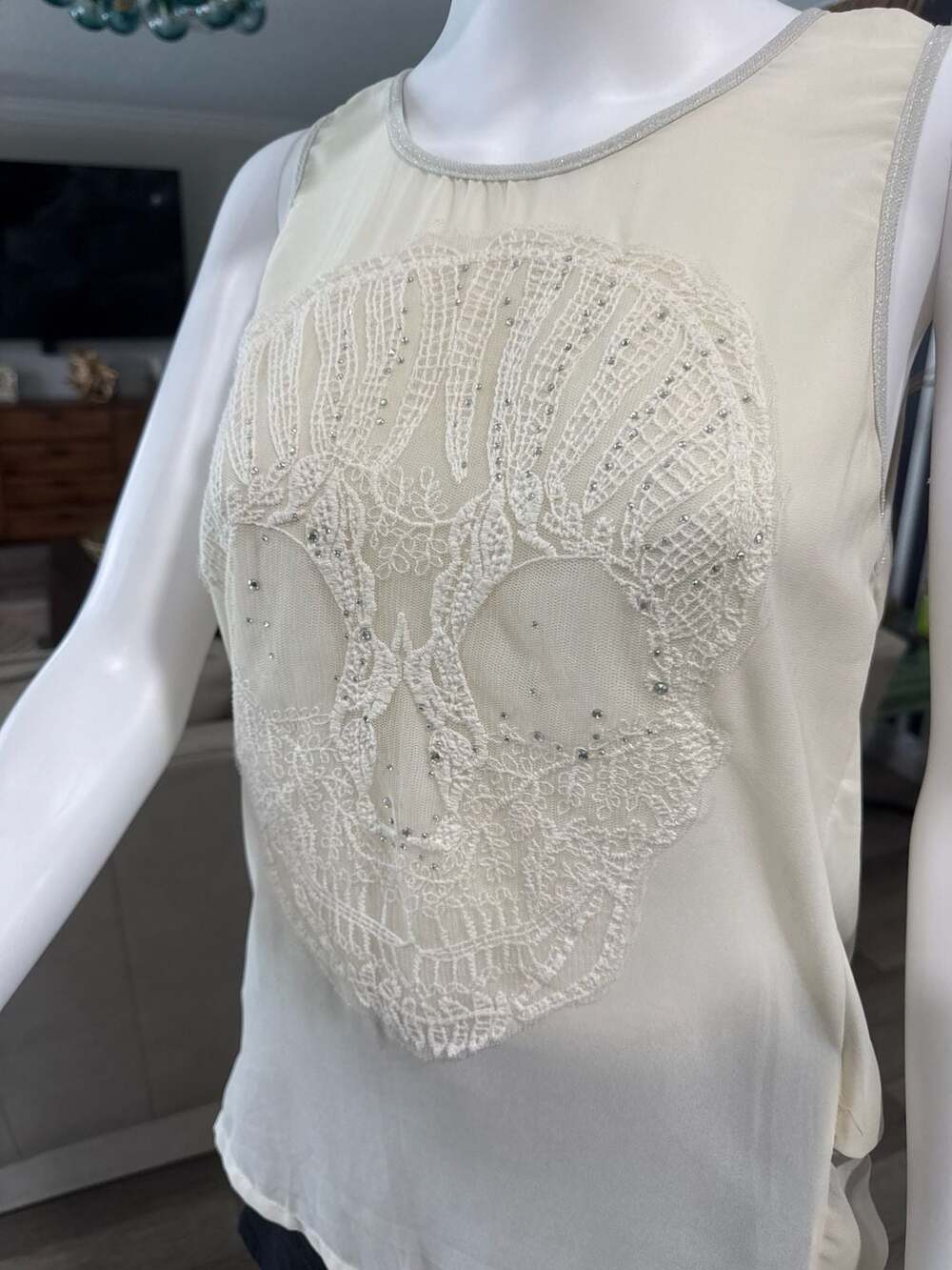 Cream Lace Skull Rhinestone Sleeveless Top